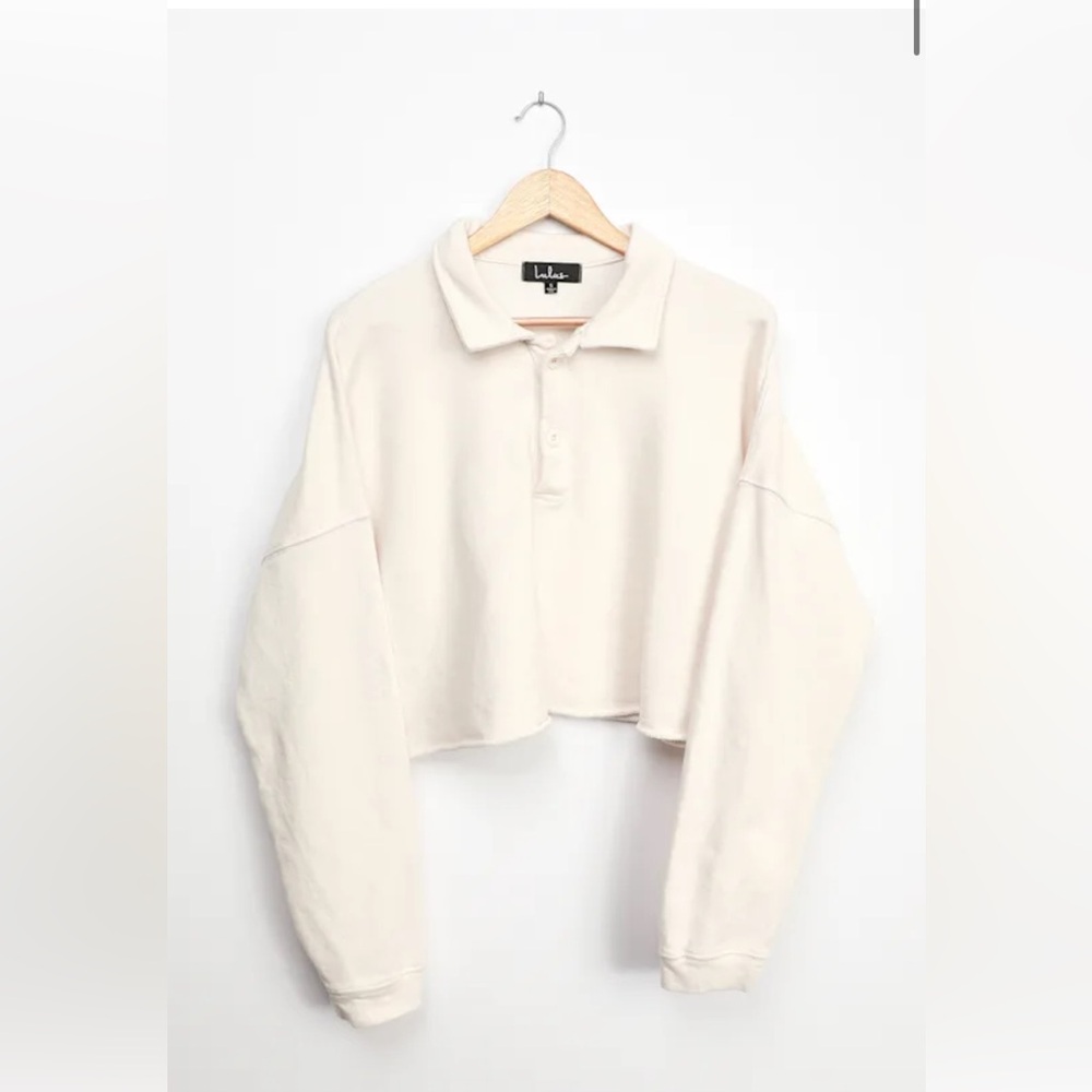 Ivory Long Sleeve Collared Pullover Sweatshirt